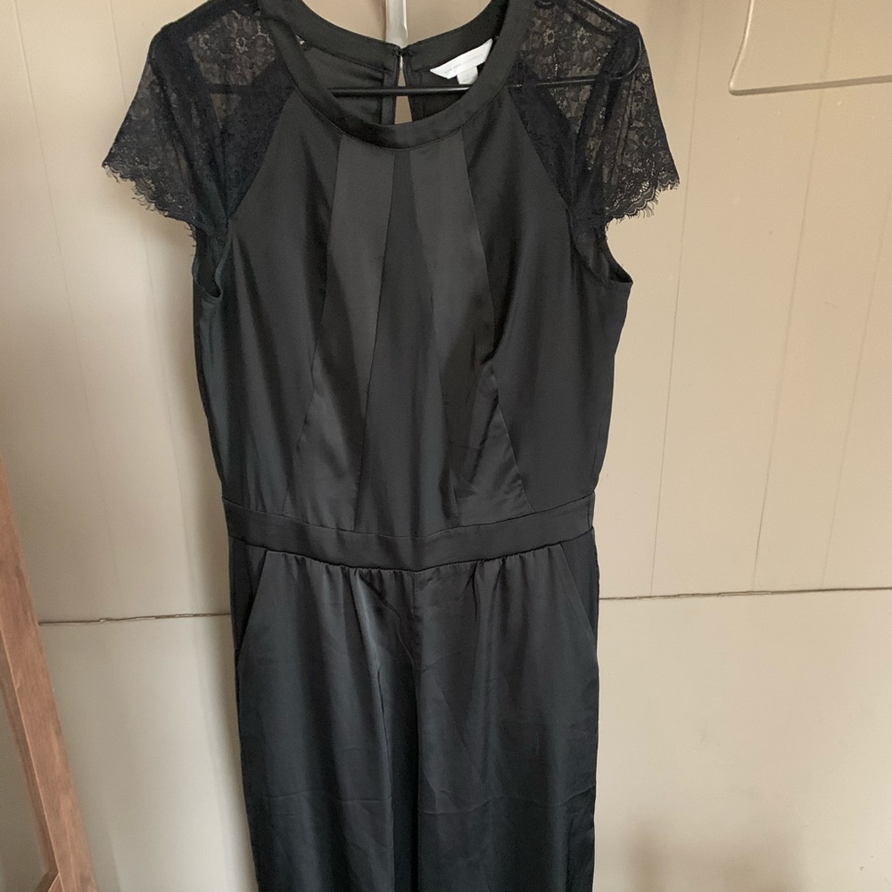 Black satin jumpsuit with lace sleeves